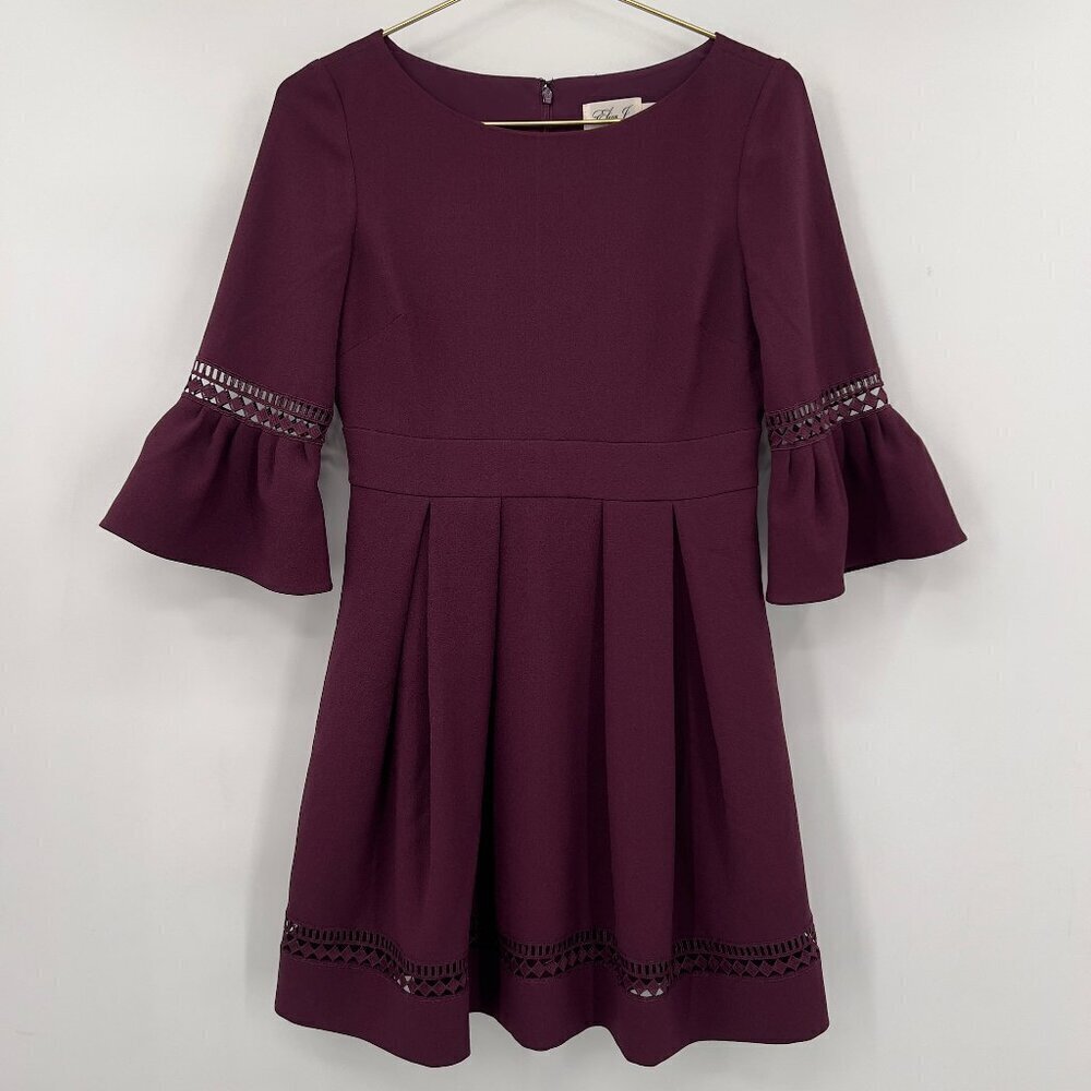 Eliza J Purple Fit & Flare Cocktail Dress Bell Sleeves Mesh Trim Women’s Size 6P